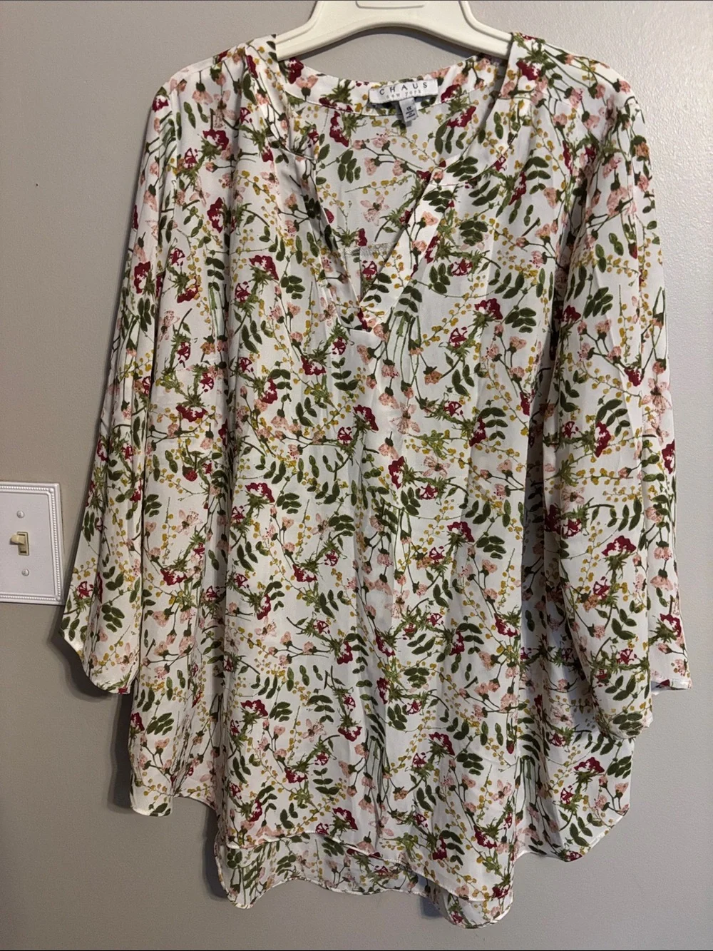 Chaus Cream blouse with Green Leaf & Pink Floral Print